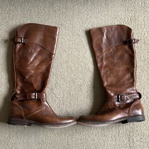 FRYE Phillip Tall Pebbled Brown Buckle Leather Riding Boots, 7.5B
